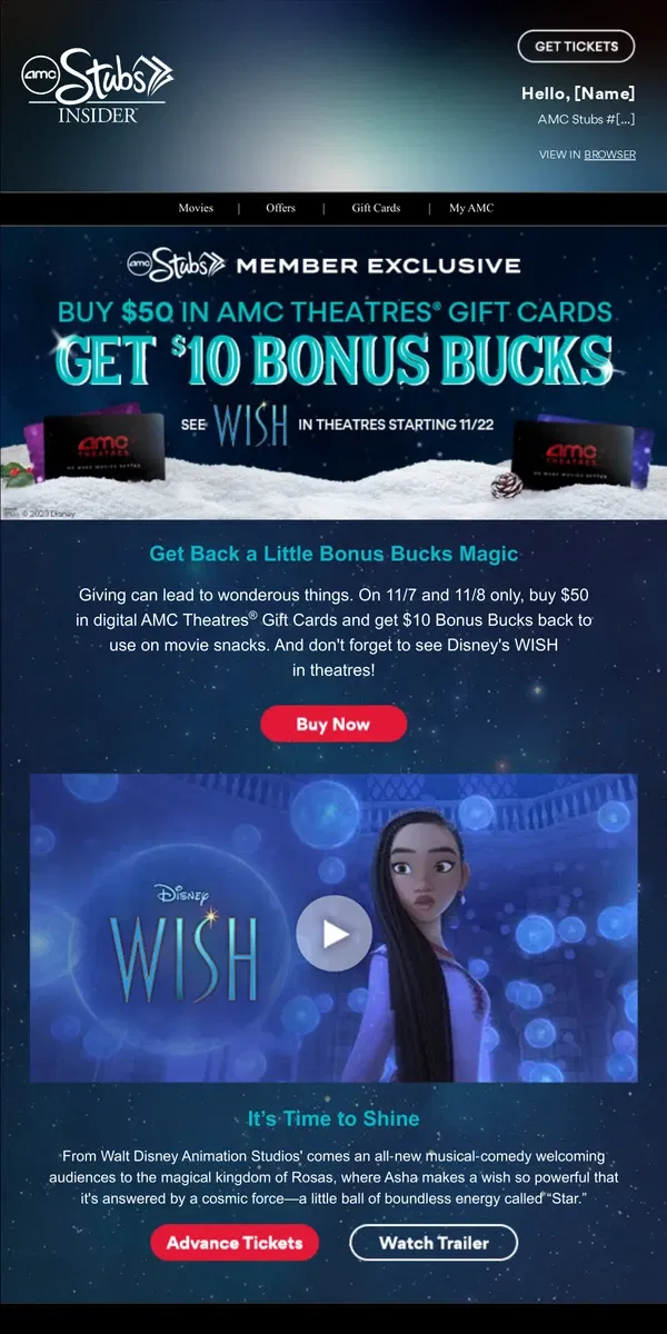 Email from AMC Theatres. Give Gift Card Joy, Get a $10 Bonus