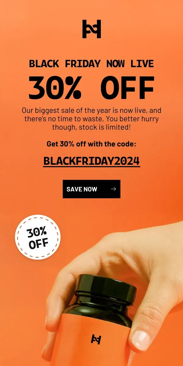 Email from HUX. Live: Save 30% this Black Friday!