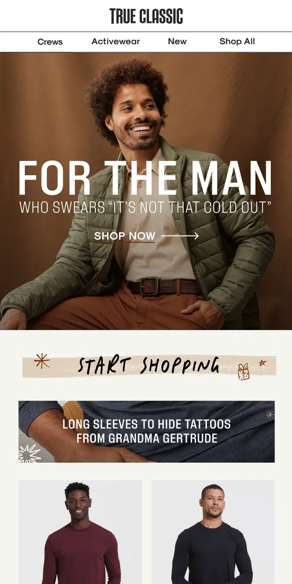 Email from True Classic. Gifts for every man on your list