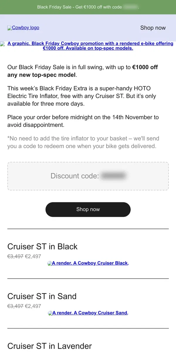 Email from Cowboy. Bag €1000 off Cruiser ST