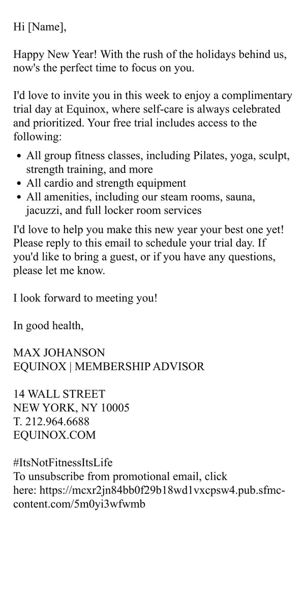 Email from Equinox. EQX Wall St. | Your Complimentary Trial