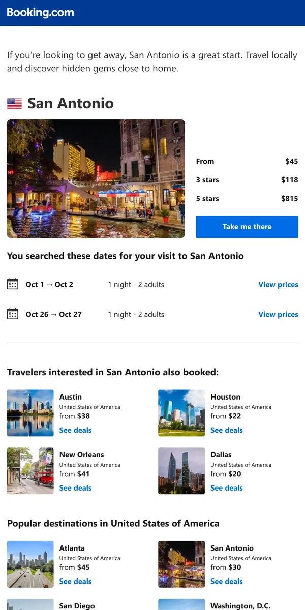 Email from Booking.com. A stay in San Antonio from $45 – now that's a good price!