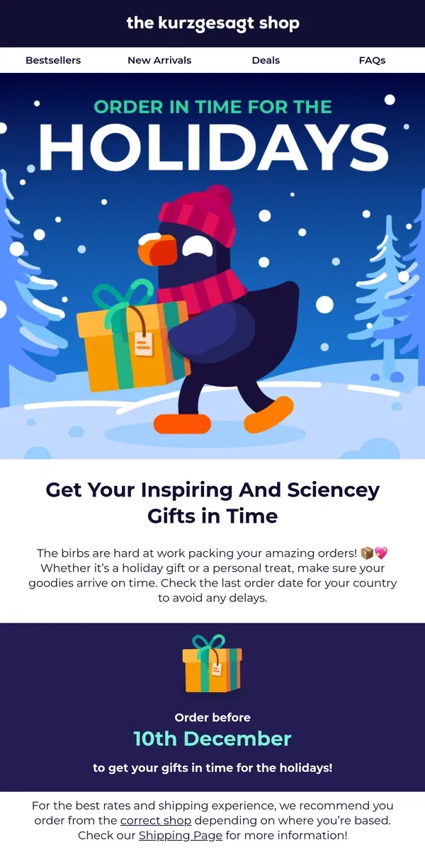 Email from Kurzgesagt. BIRB REMINDER: Order in time for the holidays 🌟