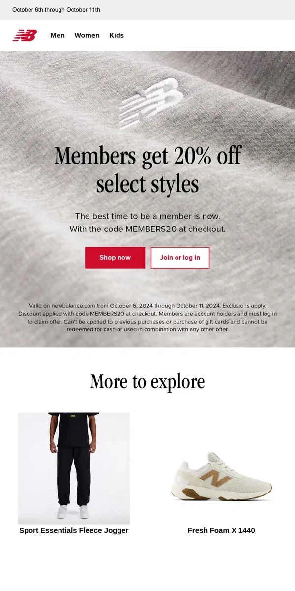 Email from New Balance. Members get 20% off select styles