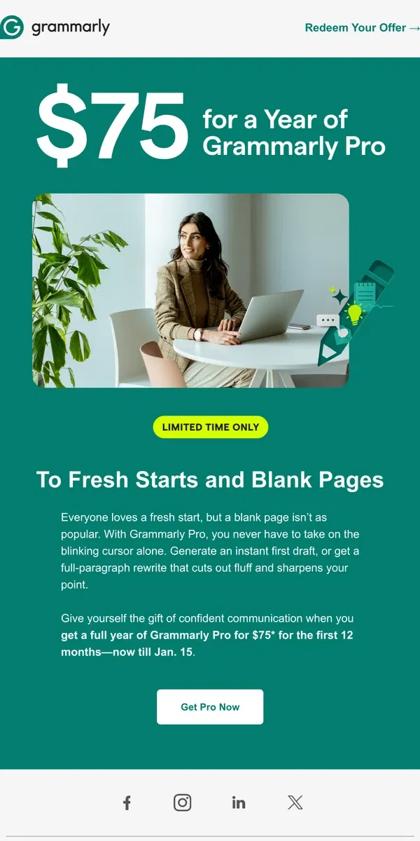 Email from Grammarly.  ✨ Only $75 for a year of Grammarly Pro!