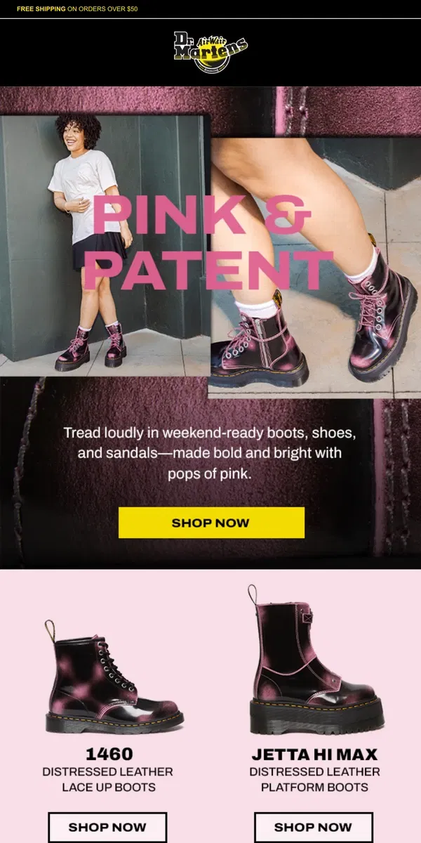 Email from Dr. Martens. Pink and Patent Rub-Off Styles