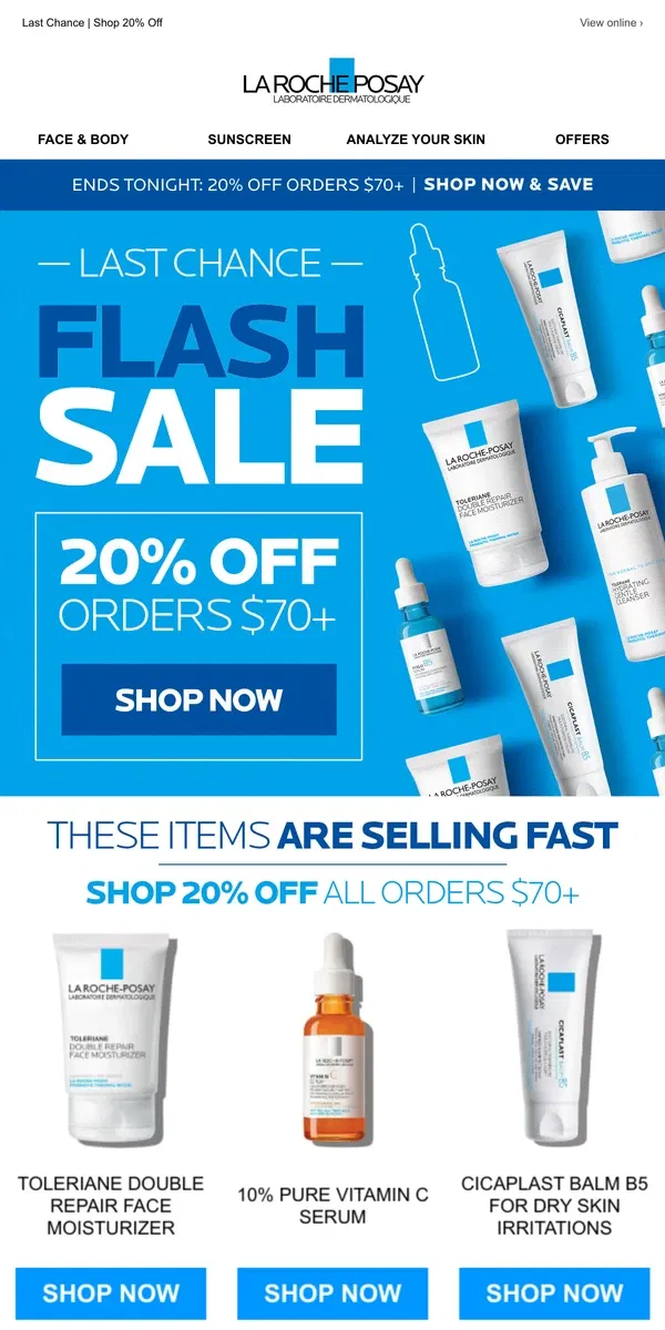 Email from La Roche-Posay. Reminder: 20% off ends tonight!