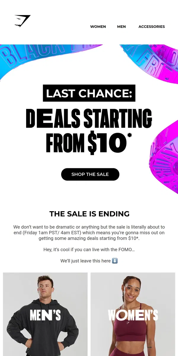 Email from Gymshark. 🚨 LAST CHANCE FOR DEALS STARTING FROM $10* 🚨