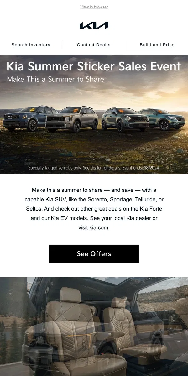 Email from Kia. [Name], it’s here: Kia Summer Sticker Sales Event.