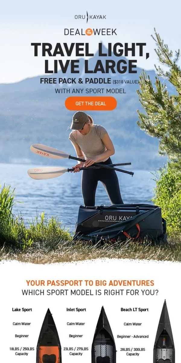 Email from Oru Kayak. Infinite Adventures: Free Paddle + Pack ($318 Value)