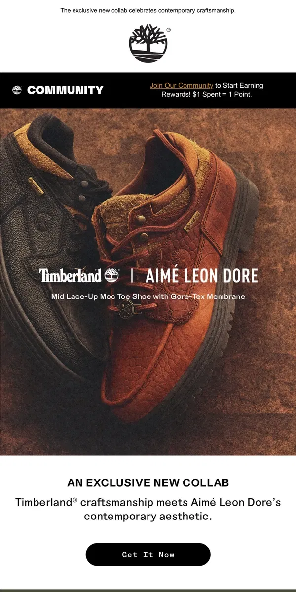 Email from Timberland. Drops TODAY: Timberland x Aimé Leon Dore.