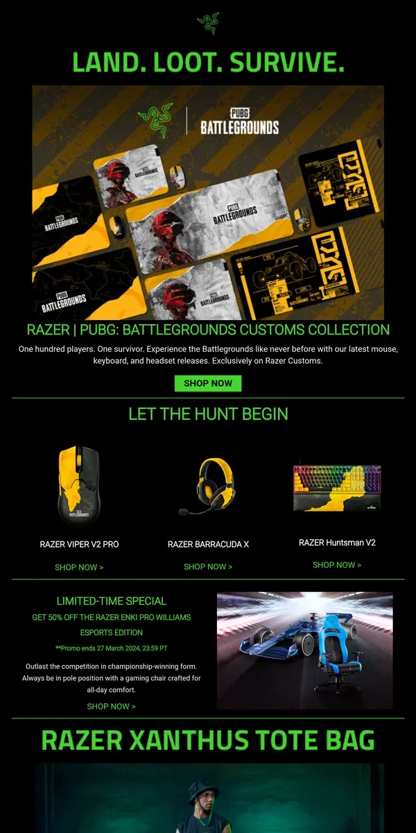 Email from Razer. New Razer | PUBG: BATTLEGROUNDS Customs Collection