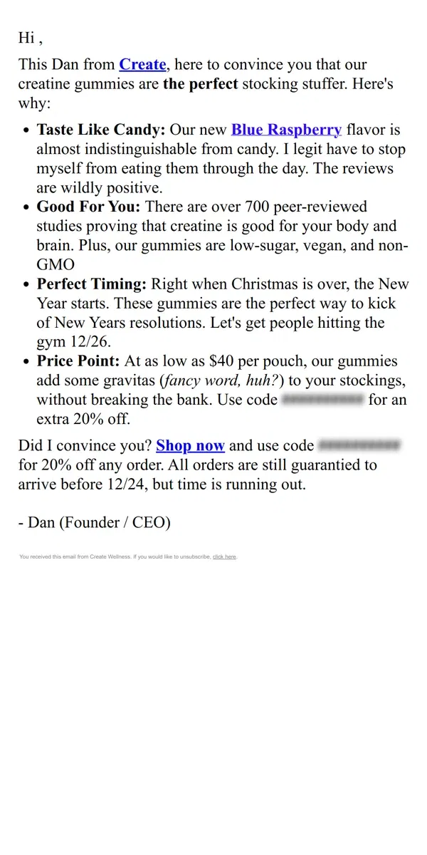 Email from Create Wellness. Perfect Stocking Stuffer - 20% OFF