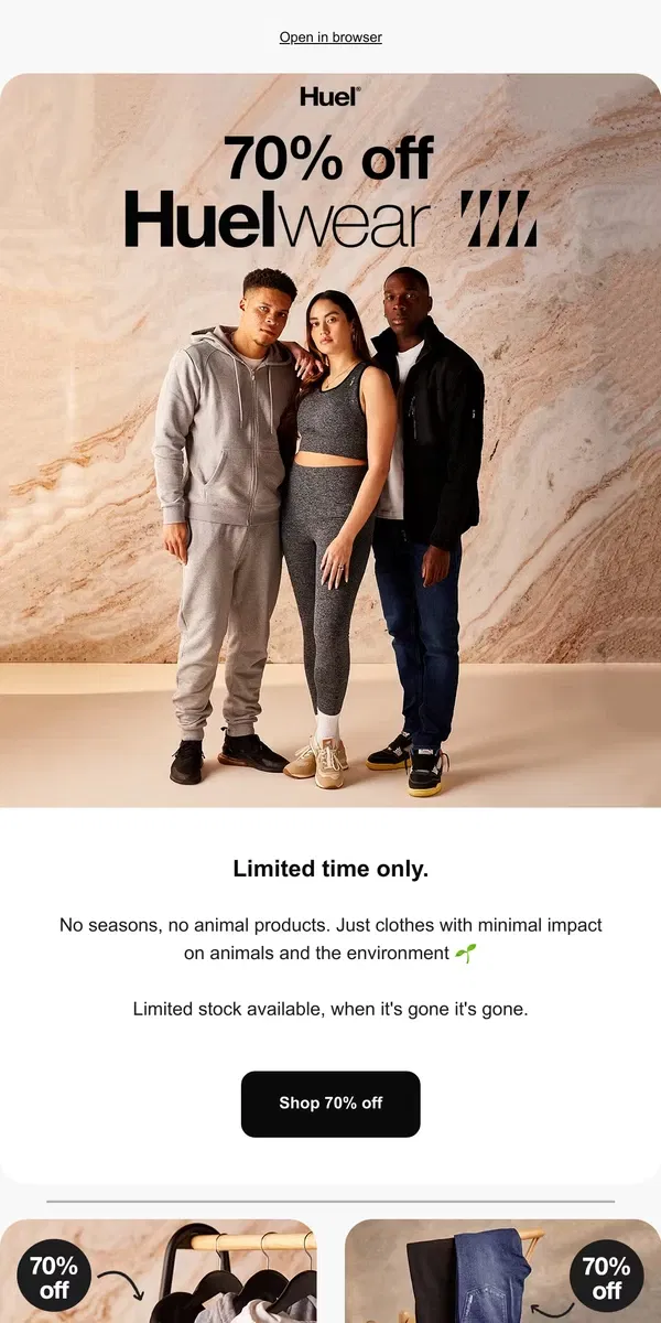 Email from Huel. 70% off Huelwear 👖♻️🌱