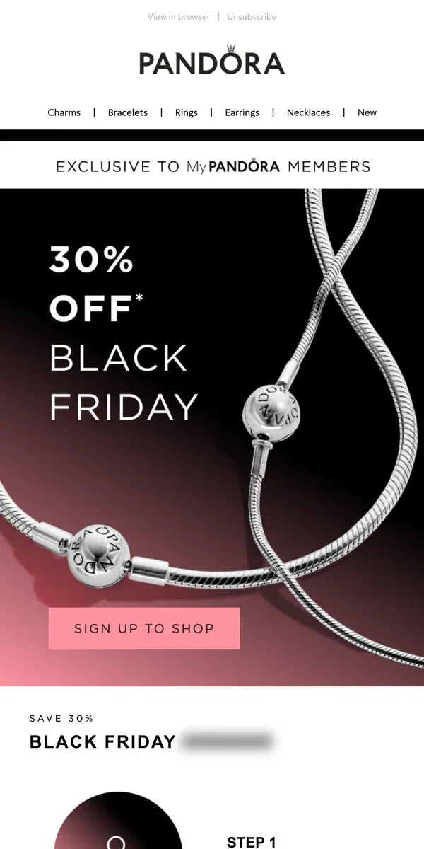 Email from Pandora Jewelry. Sign up to shop 30% off first!