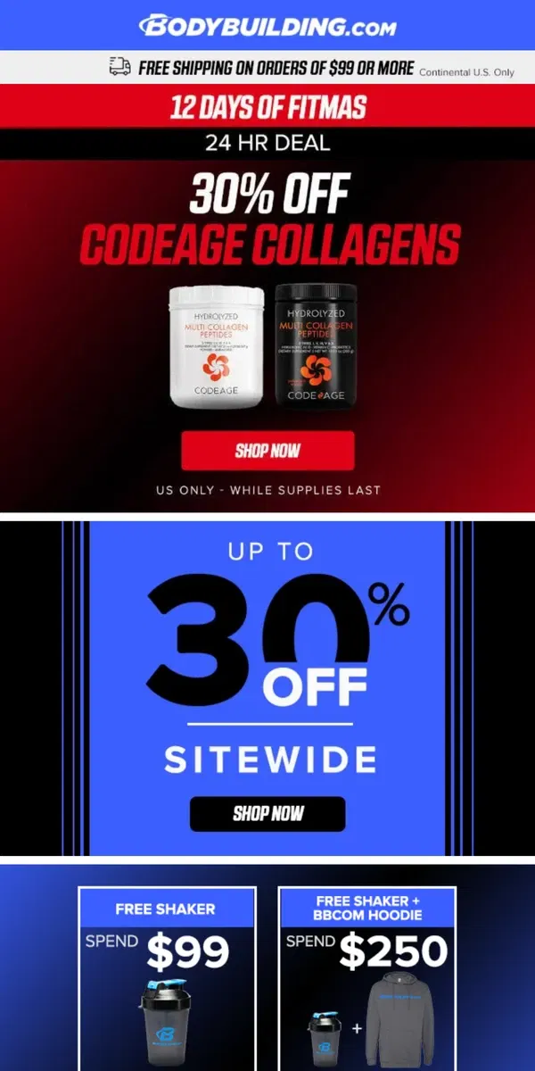 Email from Bodybuilding.com. 🏋️ MASSIVE Deals on Pre-Workout & Vitamins! + Final Hours: 30% OFF Codeage Collagens