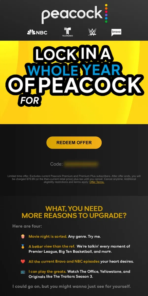 Email from Peacock. Join the club!