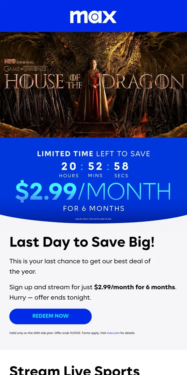 Email from Max. 🚨 ENDS TODAY: $2.99/month for 6 months!