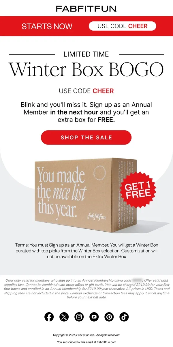 Email from FabFitFun. BOGO! Get a 2nd Winter Box for FREE