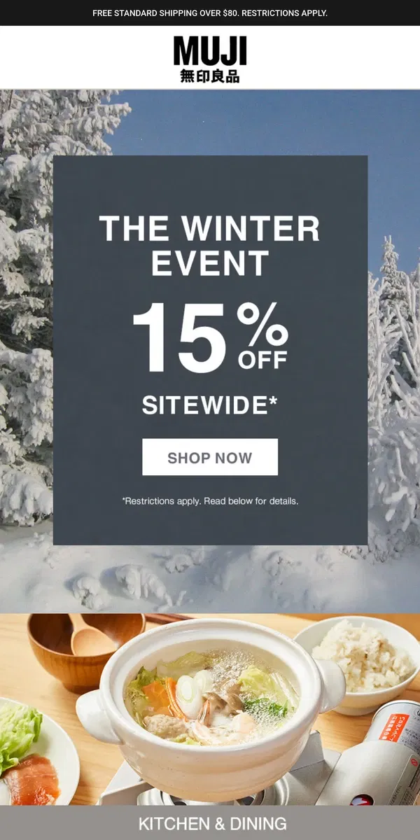 Email from MUJI. Winter Event Starts Now 15% Off Sitewide! 💙