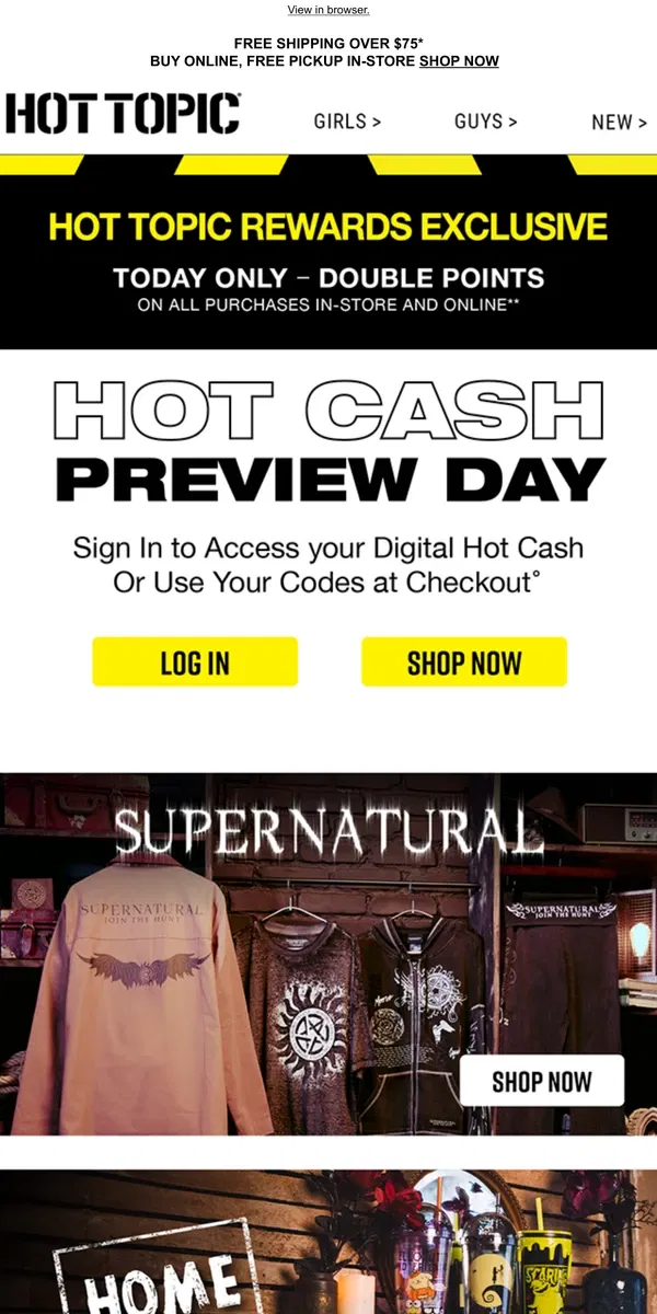 Email from Hot Topic. 💵🔥 The wait is over! Spend your Hot Cash N-O-W 🔥💵