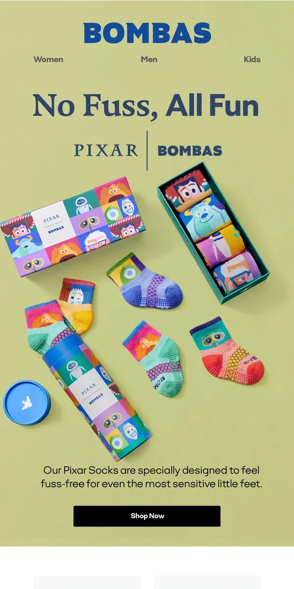 Email from Bombas. Fact: Kids Love Pixar Socks