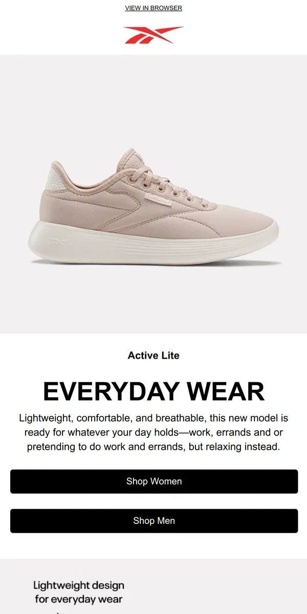 Email from Reebok. New Model: Active Lite