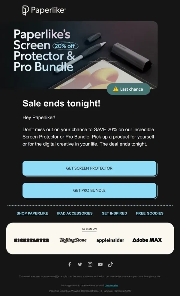 Email from Paperlike. 🚨 Last Chance: 20% off Paperlike Products 🚨