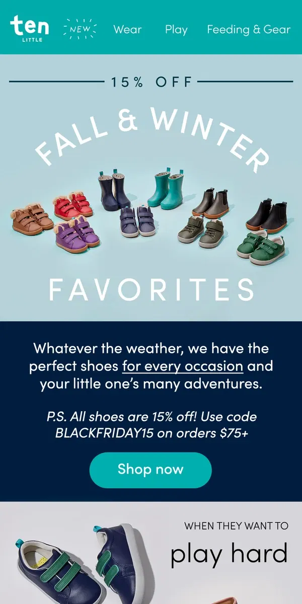 Email from Ten Little. Shoes for every occasion - all 15% off!