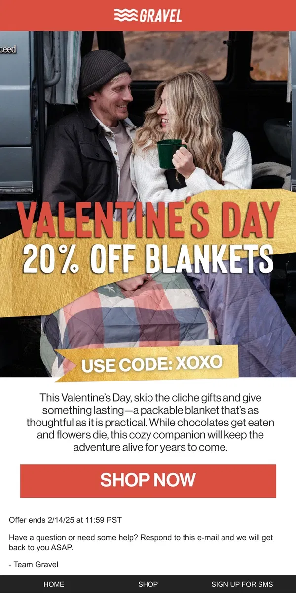 Email from Gravel. V-Day Savings 💘