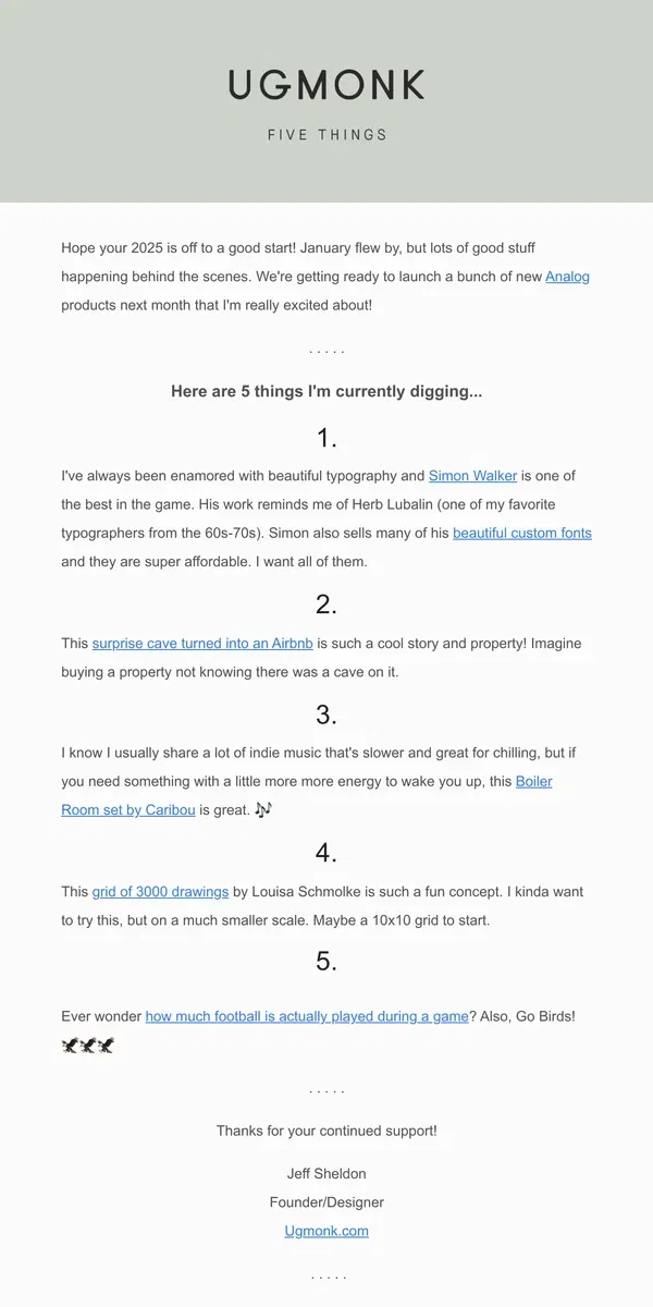 Email from Ugmonk. 5 things I'm digging – January edition