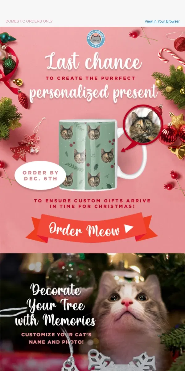 Email from Meowingtons. LAST CHANCE To Order Personalized Pet Gifts! 🙀 🐶