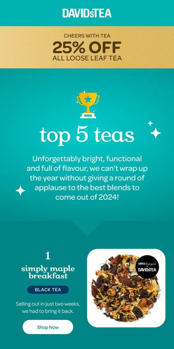 Email from DAVIDsTEA. Top 5 trending teas