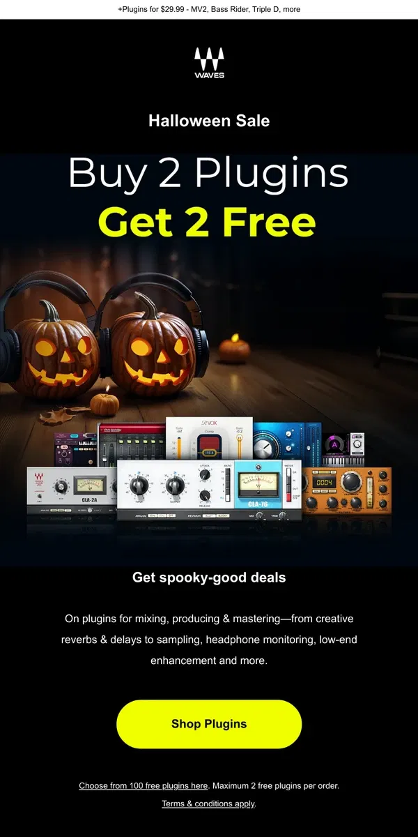 Email from Waves Audio. Halloween Sale 🎃 Buy 2 Get 2 Free