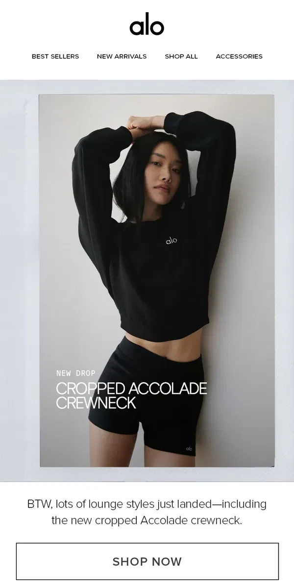 Email from Alo Yoga. New Drop: Cropped Accolade Crewneck