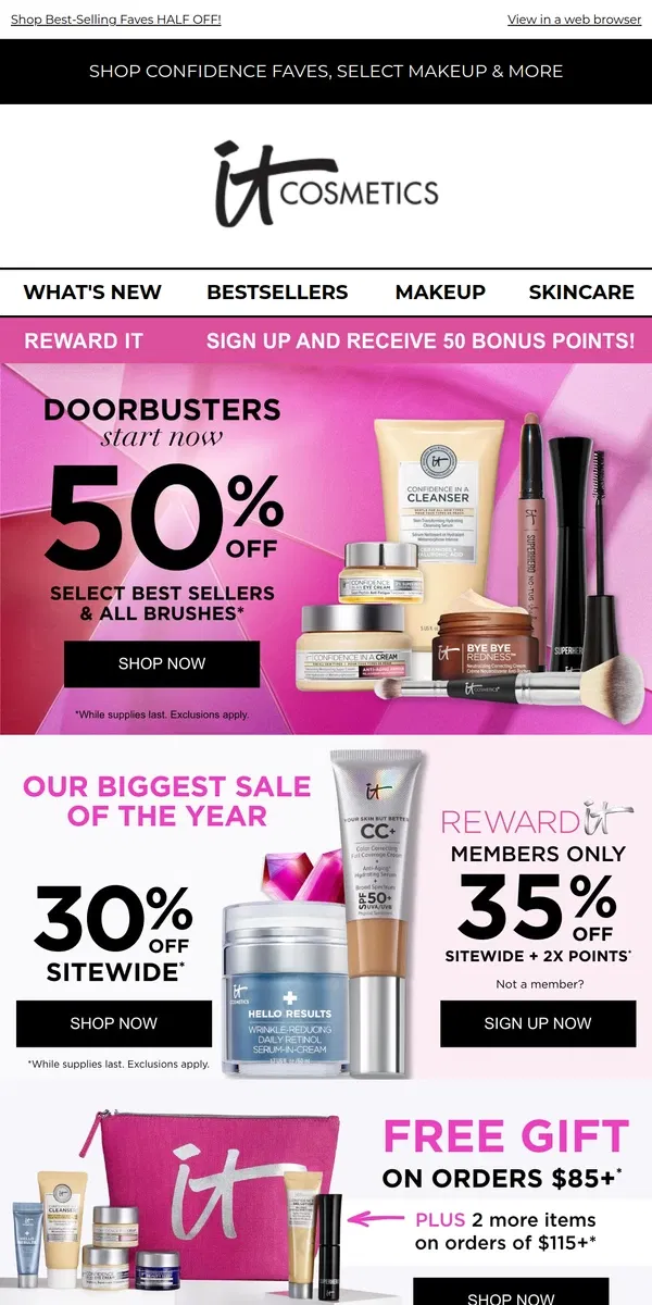 Email from IT Cosmetics. 50% OFF Doorbusters are ON!