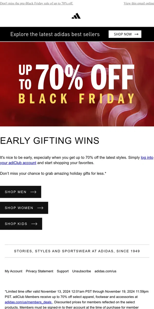 Email from Adidas. Hey adiClub, you can shop up to 70% off first