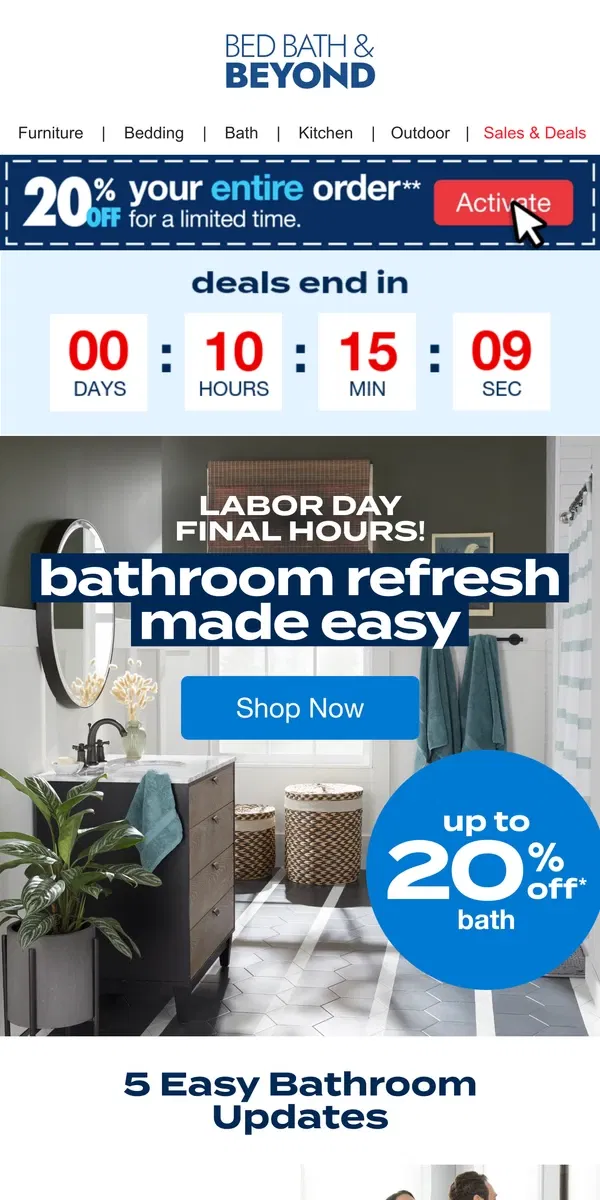 Email from Bed Bath & Beyond. 20% Off to Give Your Bathroom a Refresh ✨🛁✨