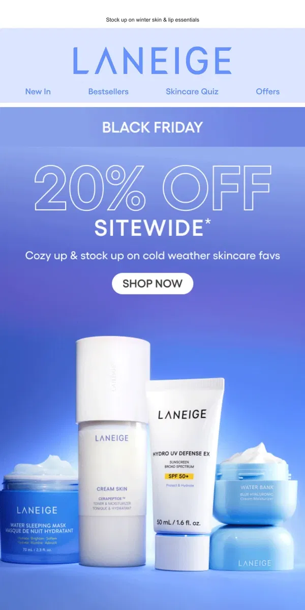 Email from LANEIGE. Black Friday: 20% Off SITEWIDE