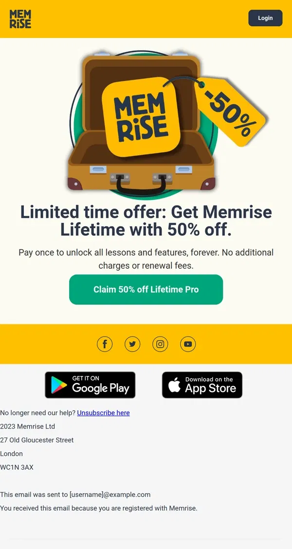 Email from Memrise. Get 50% off Lifetime Pro today and see how good it feels to make progress from day one