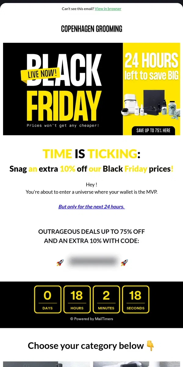 Email from Copenhagen Grooming. Last 24 hours of Black Friday (extra code inside)