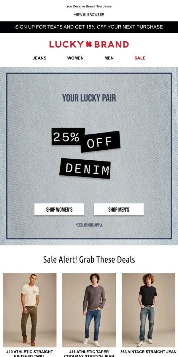 Email from Lucky Brand. 25% Off Most-Wanted Denim