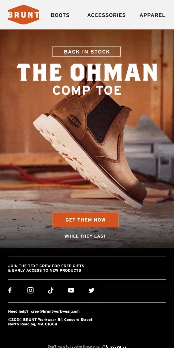 Email from BRUNT Workwear. RESTOCKED: The Ohman Comp Toe