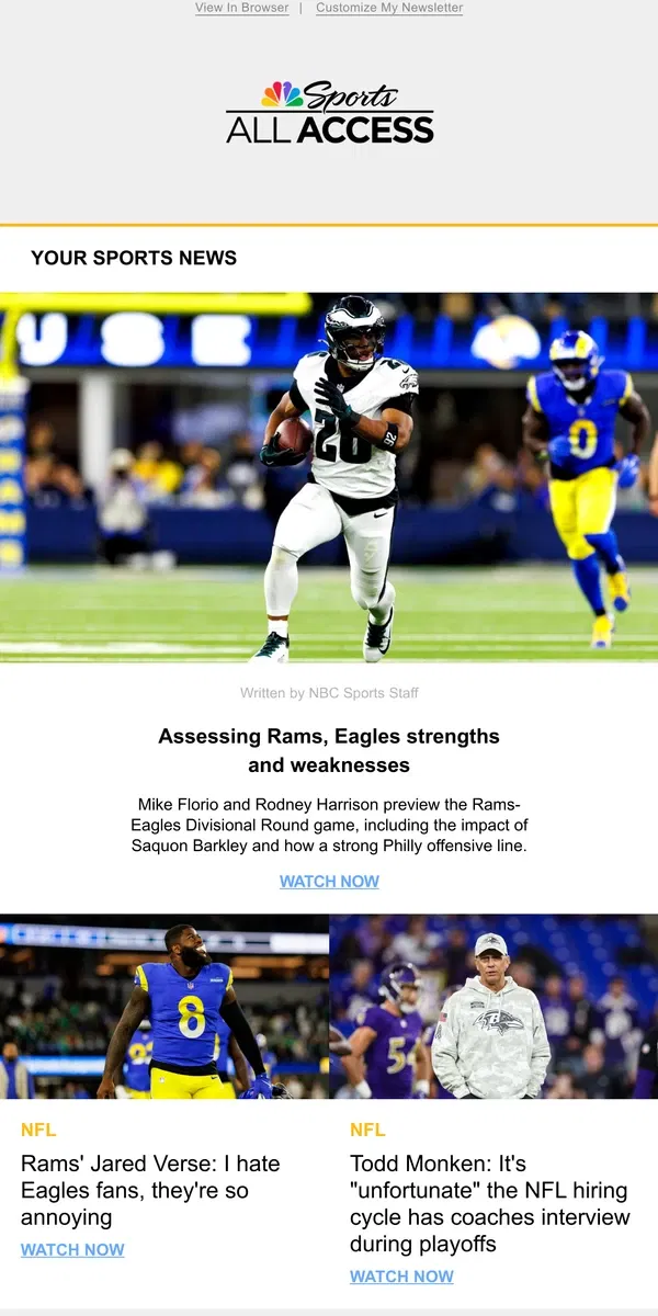 Email from NBC Sports. Assessing Rams, Eagles strengths and weaknesses