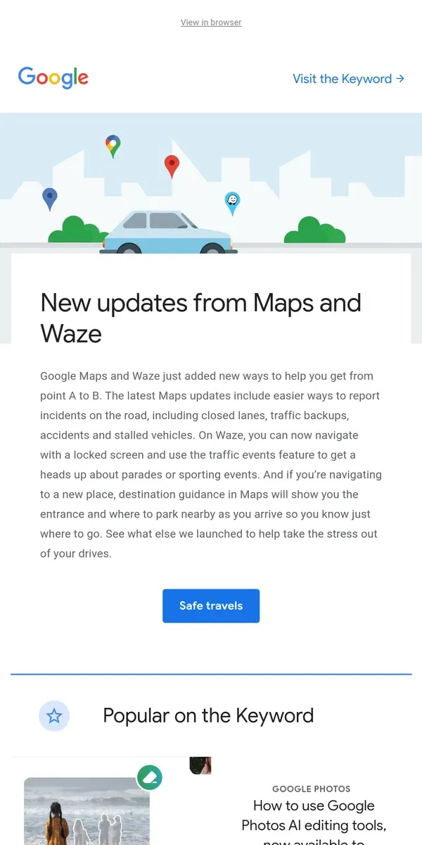 Email from Google. 5 new updates coming to Maps and Waze