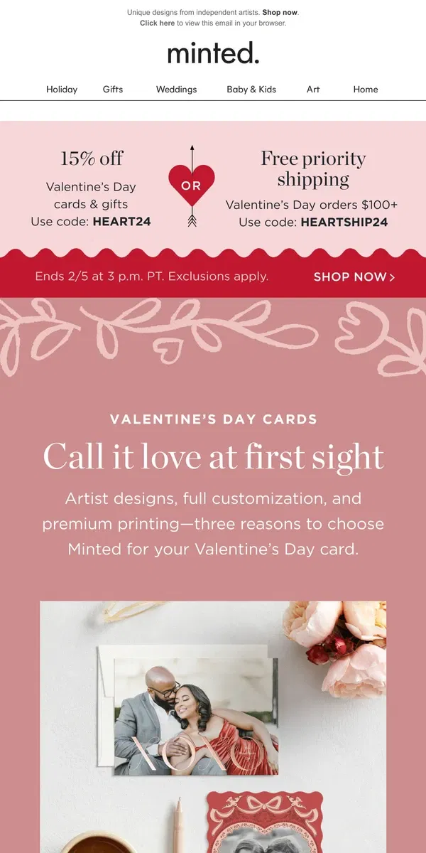 Email from Minted. Fully customizable V-Day cards