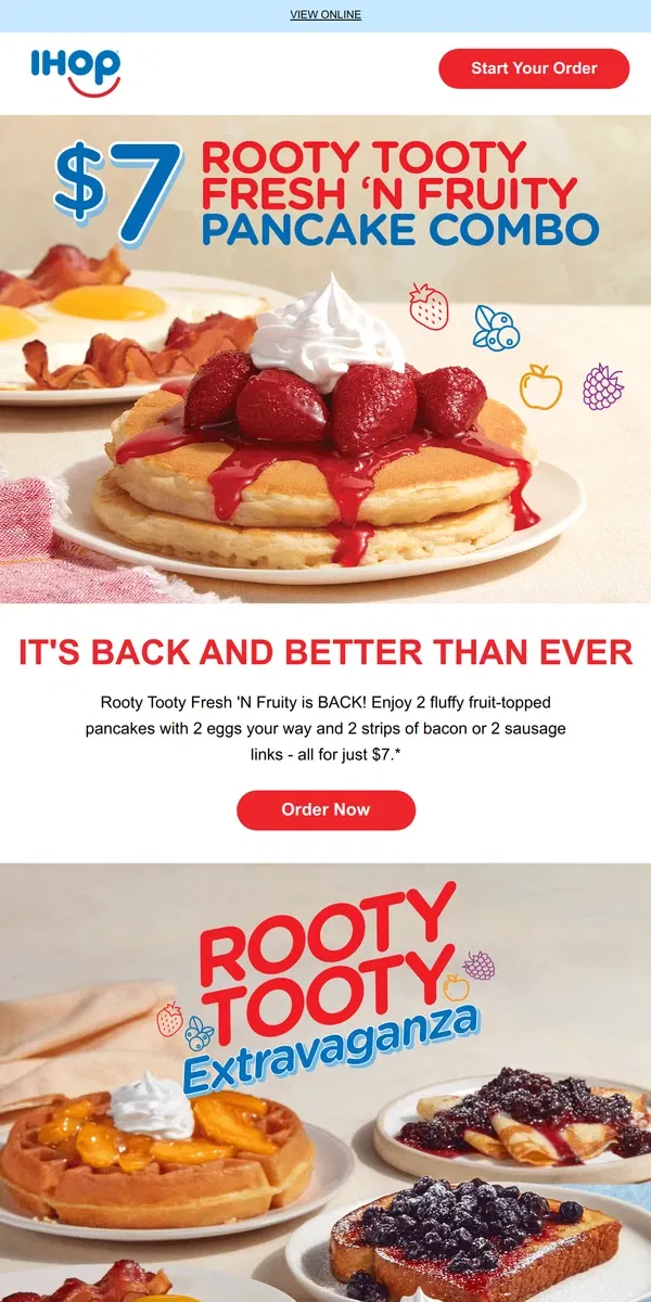 Email from IHOP. Try the $7 Rooty Tooty Pancake Combo 🥞🍓🫐