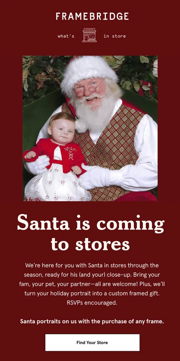 Email from Framebridge. Reminder! Santa photos THIS WEEKEND