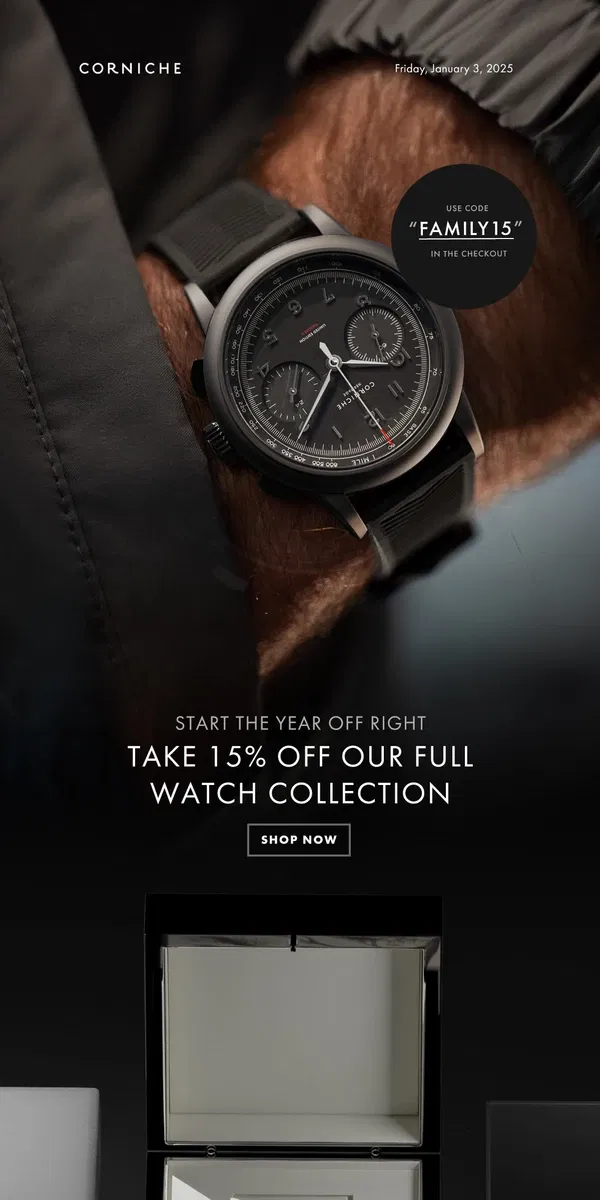 Email from Corniche Watches. New Year, New Watch.