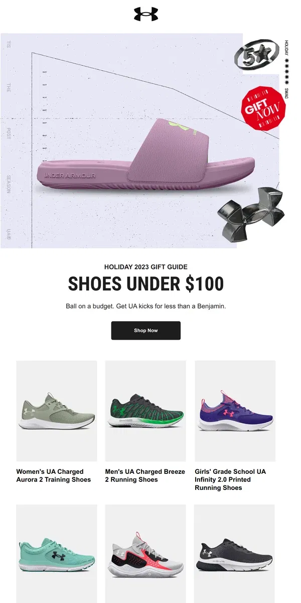 Email from Under Armour. Sneakers under $100